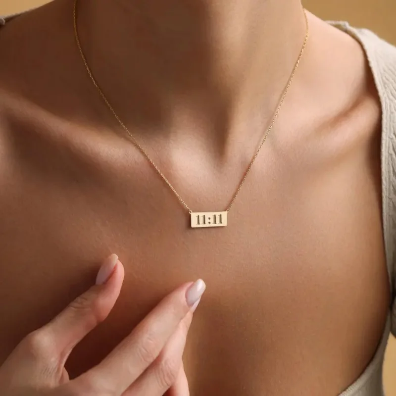 Custom Hollow Out Time Necklace Stainless Steel Rectangle Bar Pendant Dainty Minimalist Lucky Number Jewelry Gift for Women