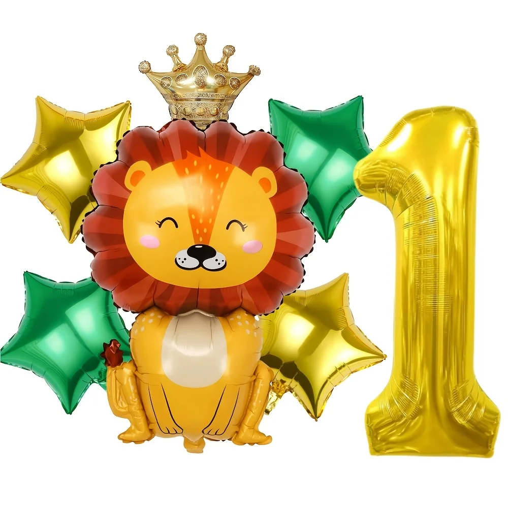 6pcs Lion King Number Balloon Set, Crown Lion Gold Green Star Foil Balloons for Lion King Theme Birthday, Jungle Safari Party, B - view 2