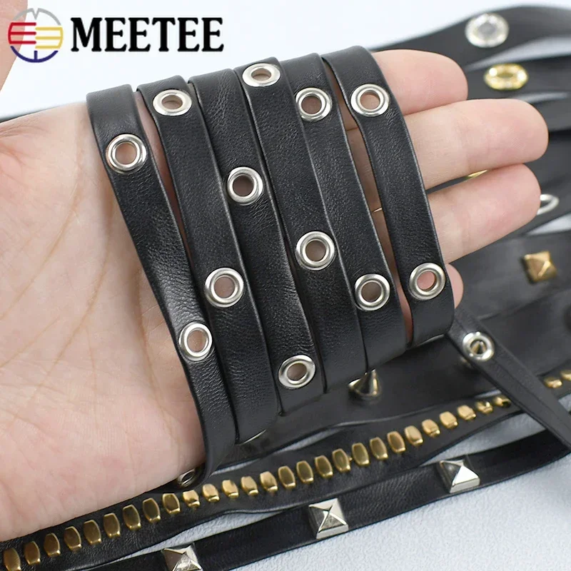 2-20M 10-20mm Rivet PU Leather Ribbon For Sewing Bag Punk Eyelets Band Rope Collar Decor Cord DIY Garment Material Accessories