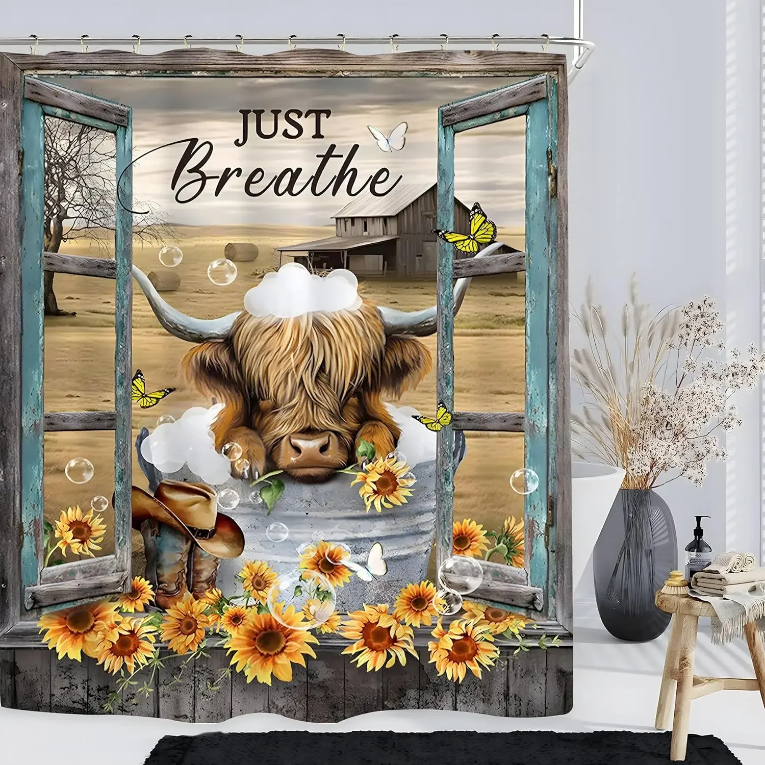 

Highland Cow in Bathtub Shower Curtain Rustic Farm Vintage Door Window Autumn Sunflower Polyester Shower Curtains Bathroom Decor