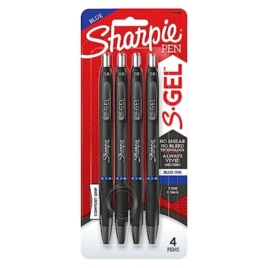 

® S Gel Pens, Fine Point, 0.5 mm, Black Barrels, Blue Ink, Pack Of 4 Pens