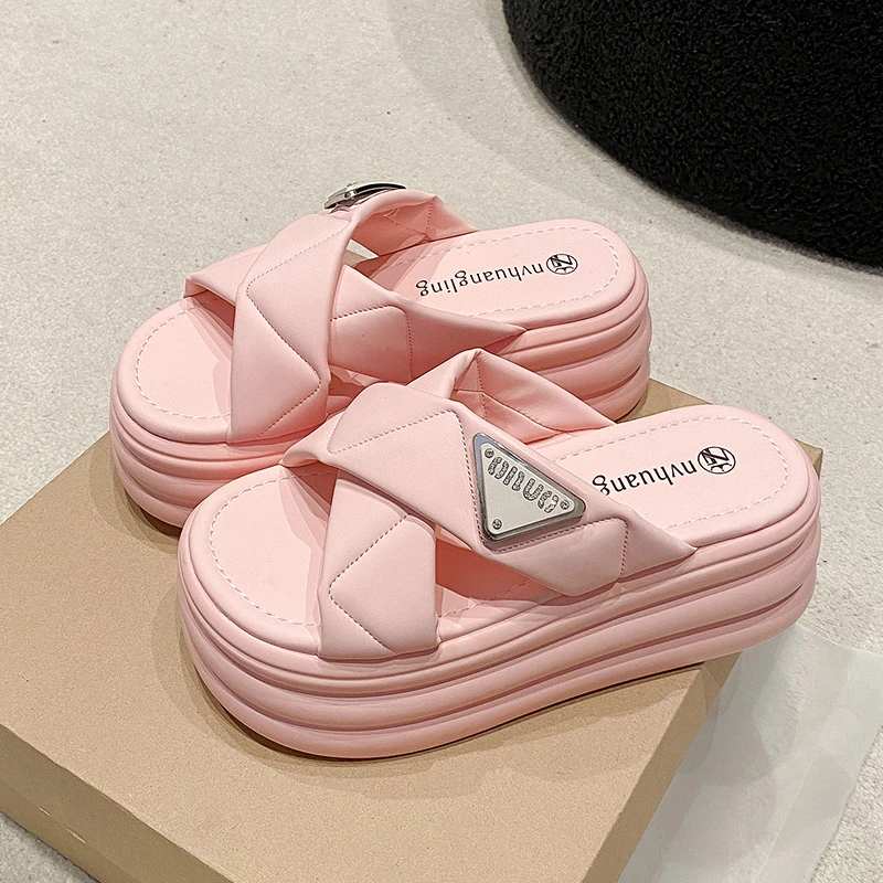 7.5CM Heels Chunky Slippers For Women Open Toe High Platform Leather Sandals Woman 2024 New Summer Thick Bottom Beach Flip Flops