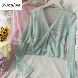 Knitted Pink Cardigans Women Summer Sunscreen Long Sleeve Cropped Cardigan Korean See Through Kimono Tops Fashion Sweater