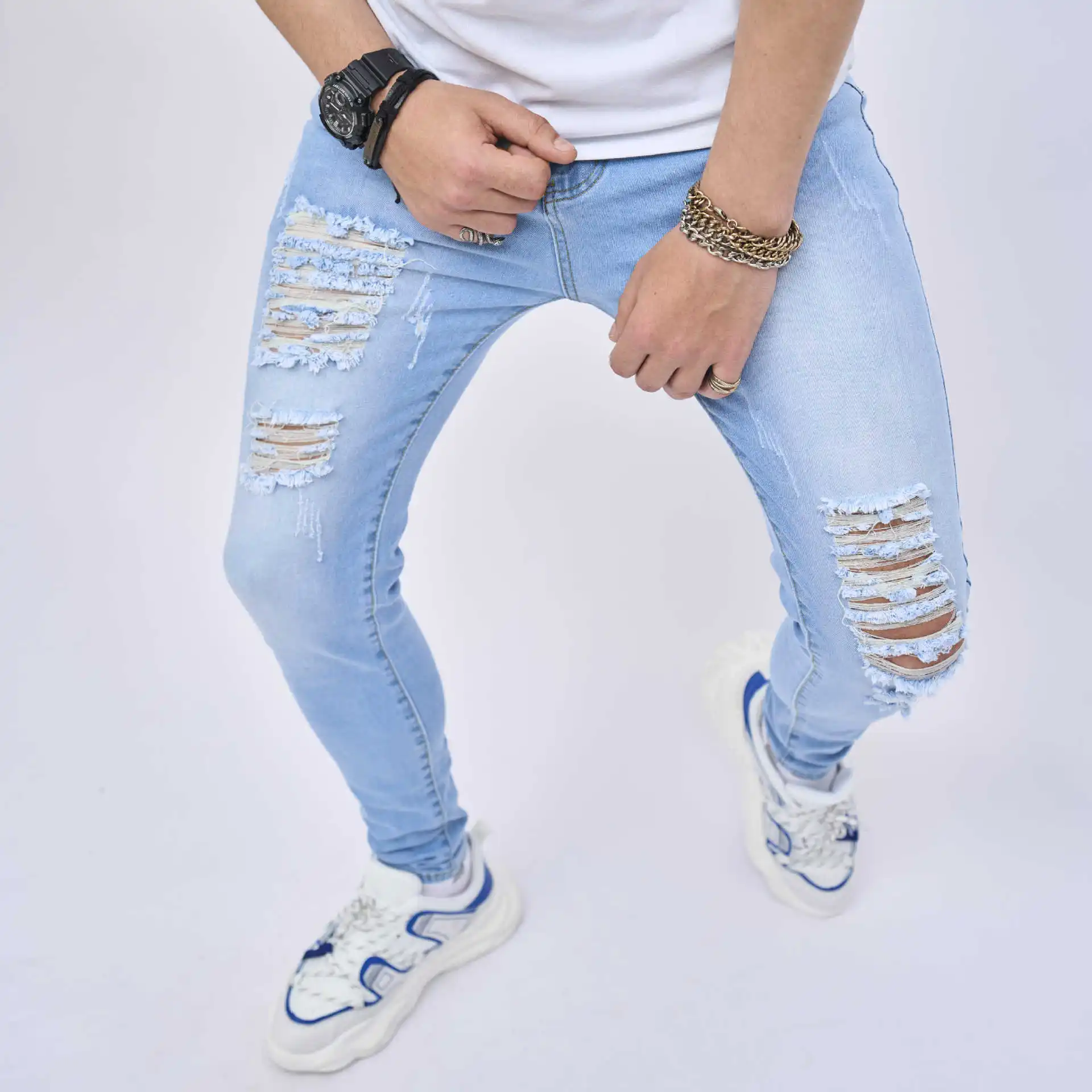 Men Hole Slim Jeans Cotton Stretchy Ripped Skinny Men's Denim Pants High Quality Brand Hip Hop Street Oversize Male Jeans Blue