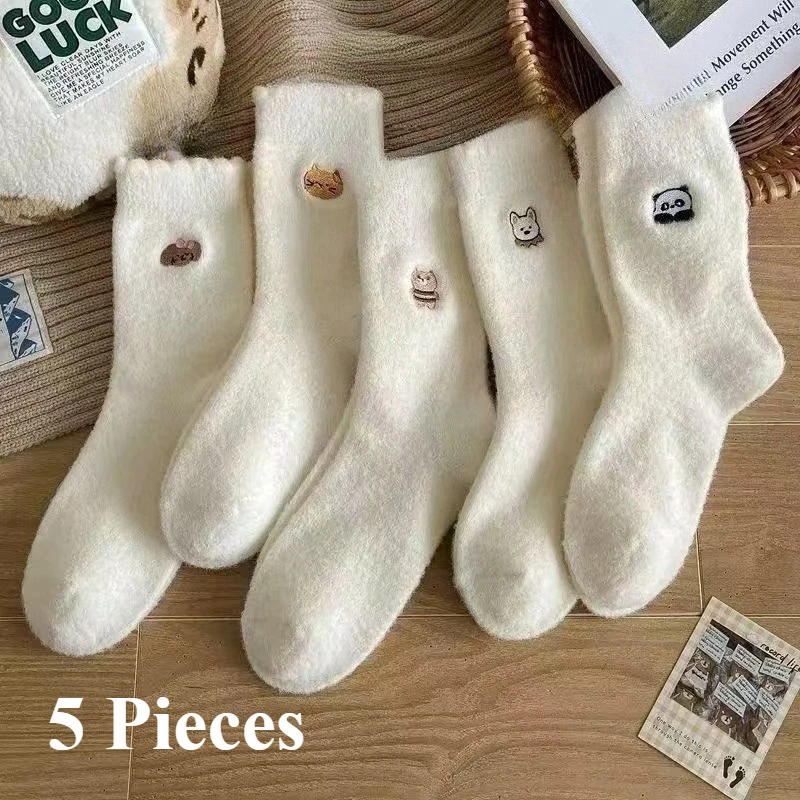 

5 пар толстых женских удобных и теплых зимних носков из кораллового флиса со средним рукавом, носки-тапочки с милыми животными из мультфильмов