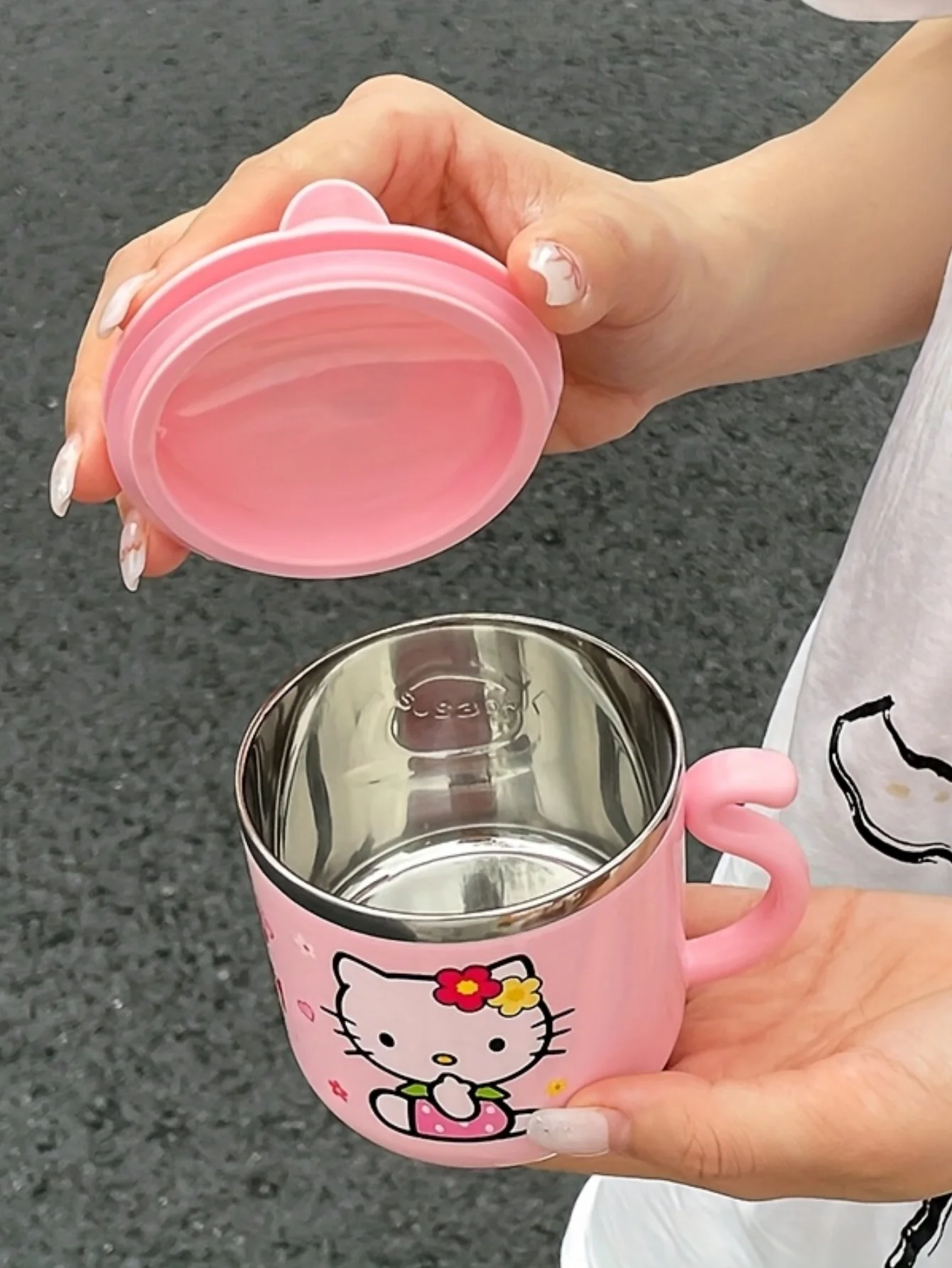 1 قطعة كوب قهوة من الفولاذ المقاوم للصدأ معزول بسعة 9.47 أونصة من HelloKittys مع مقبض وغطاء - كوب ماء لطيف ومتين #1