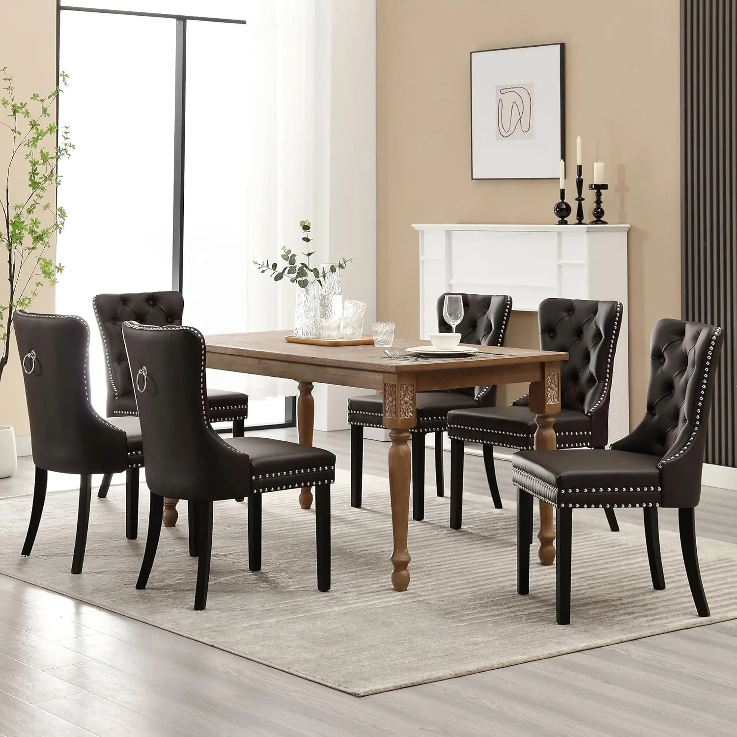 Faux Leather Dining Chairs Set of 6, Upholstered High-end Tufted Dining Room Chair with Nailhead Back Ring Pull Trim Solid Wood