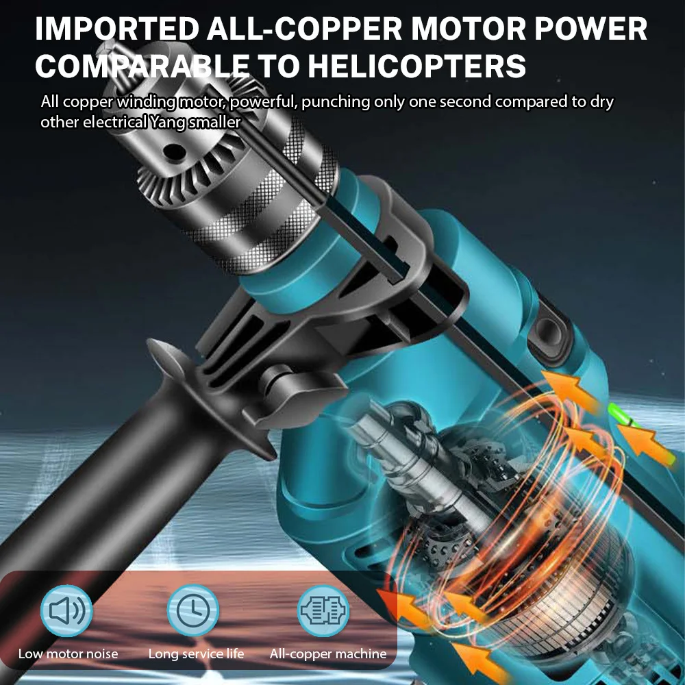 1500W Cordless Electric Impact Drill Rechargeable Screwdriver Household Wood Metal Stone Cutting Wall Hole Power Tools