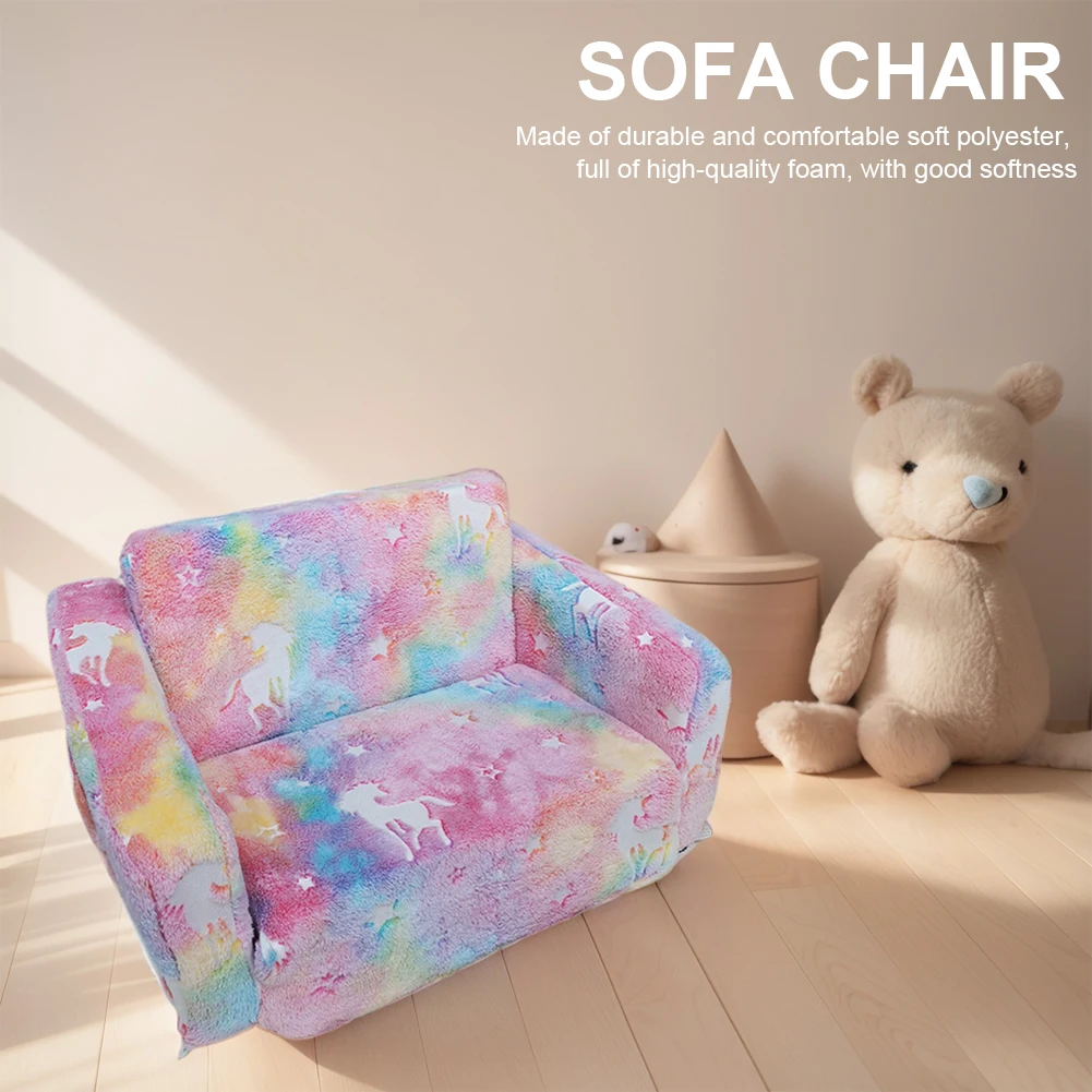 2 in 1 Kids Sofa Chair Toddler Play Couch Fold Out Glow in Dark Convertible Plush Foam Chair Convertible Sofa to Lounger