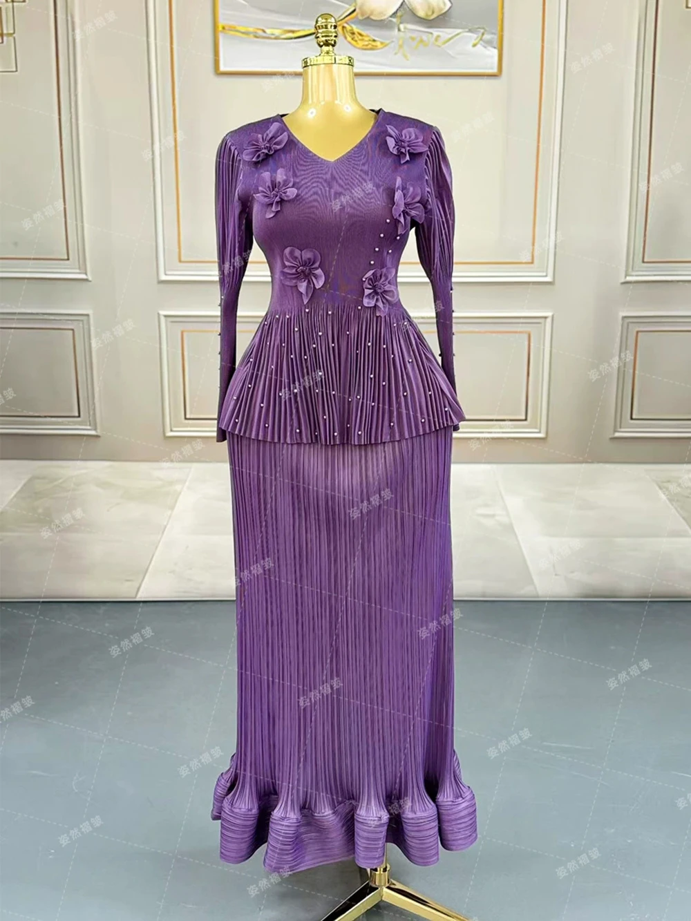 

Plus size women's summer wear high-end 2025 style waist dress pleated dress long dress light mature style-GZXX1012