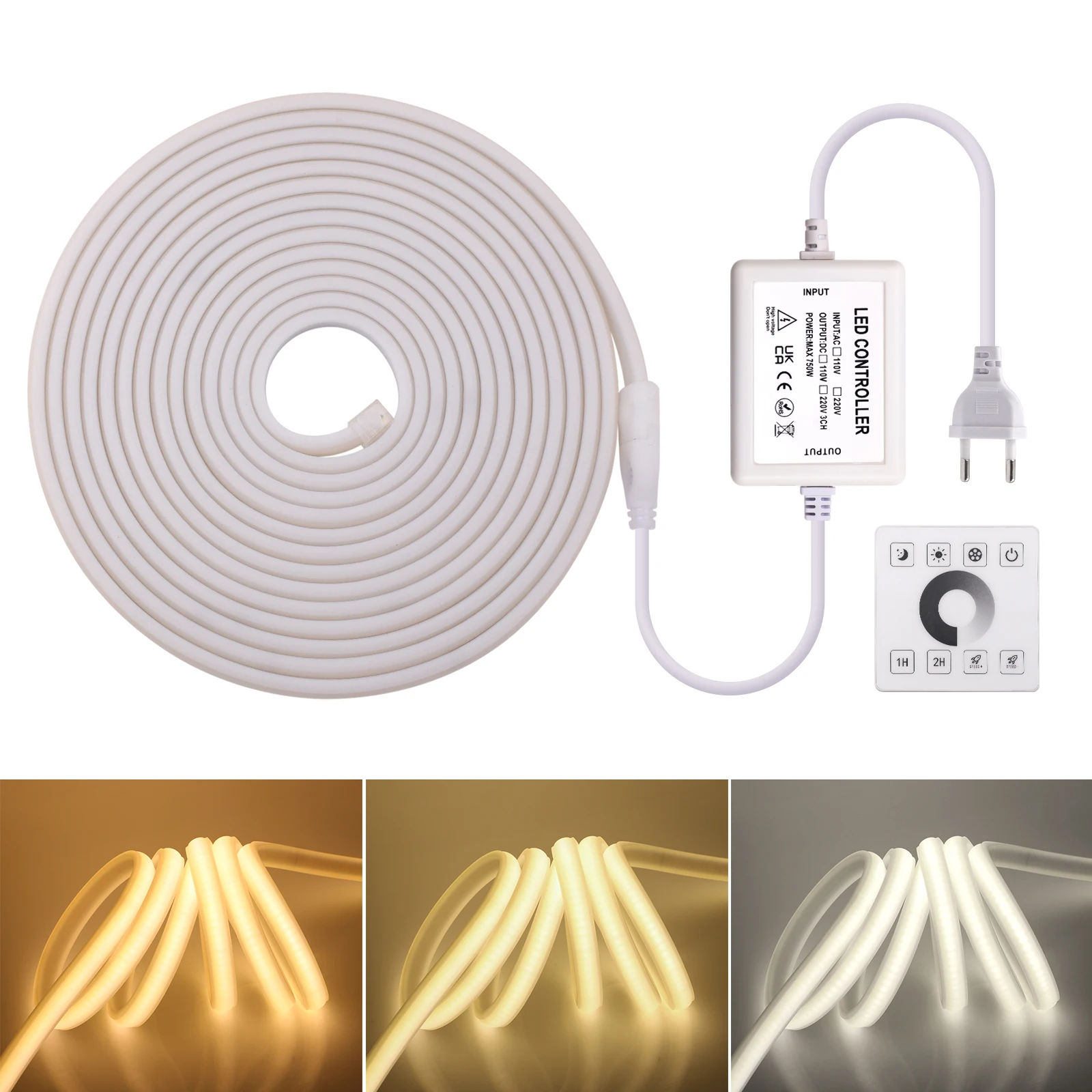 50CM Cuttable 230V COB Neon LED Light Strip 288LEDs/M Dimmable IP65 Tape Lamp With RF Touch Panel Remote Cold Natural Warm White