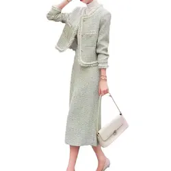 Women's tweed 2 pieces set, long sleeved round neck jacket+half skirt, 2024 new spring and autumn season set