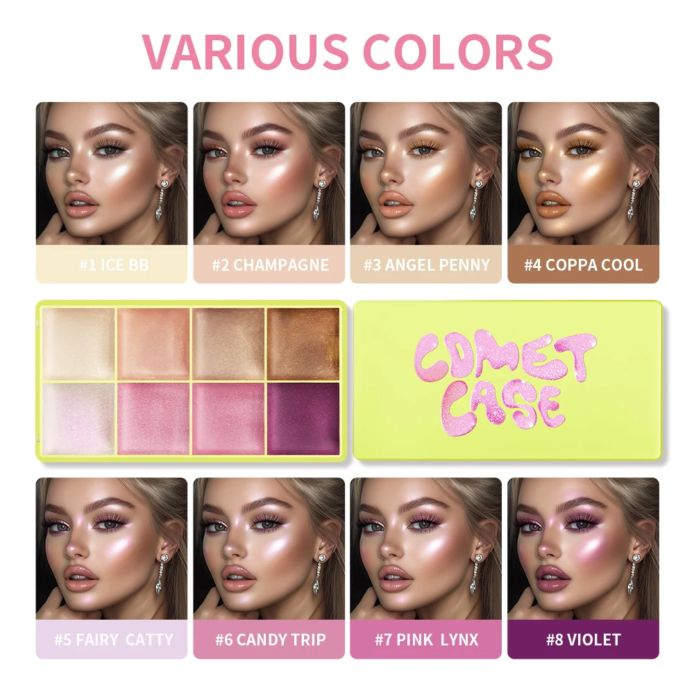 8-Farben-Creme-Highlighter-Palette für Highlight-Gesicht, Aufhellung, Highlighter, Rouge, Schimmer, wasserfestes Make-up-Werkzeug, Kosmetik