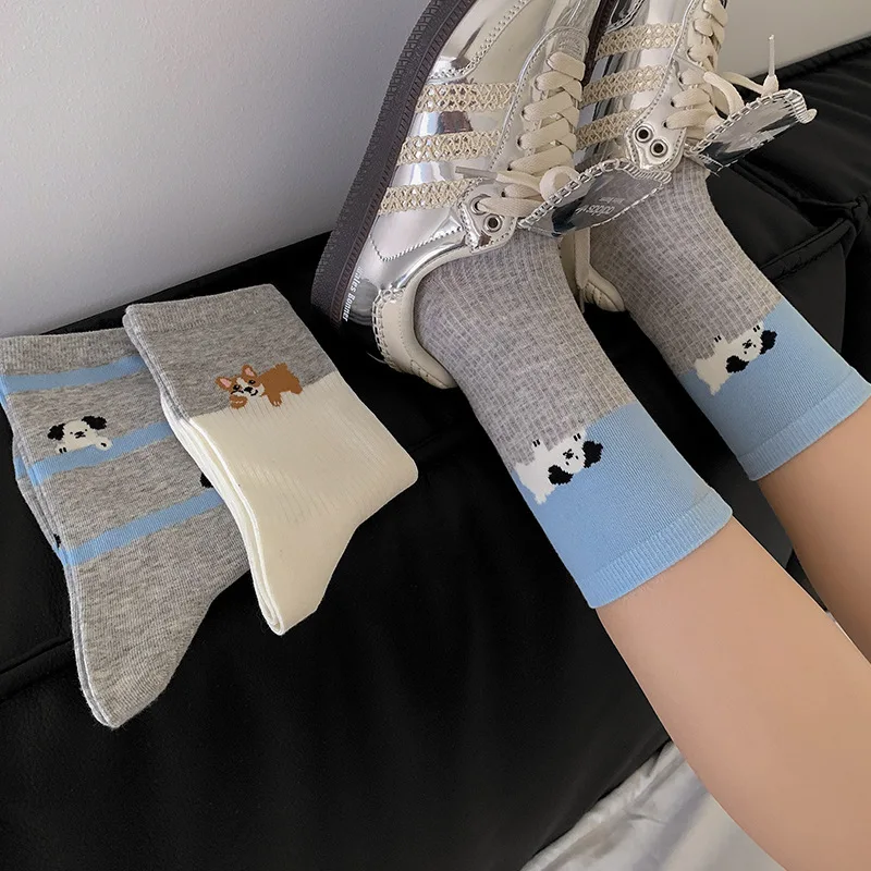 4 أزواج الجوارب النسائية مجموعة الكورية تنفس مريحة عالية الجودة جوارب قطنية الكرتون جرو Kawaii الحلو لطيف منتصف جوارب أنبوبية #4