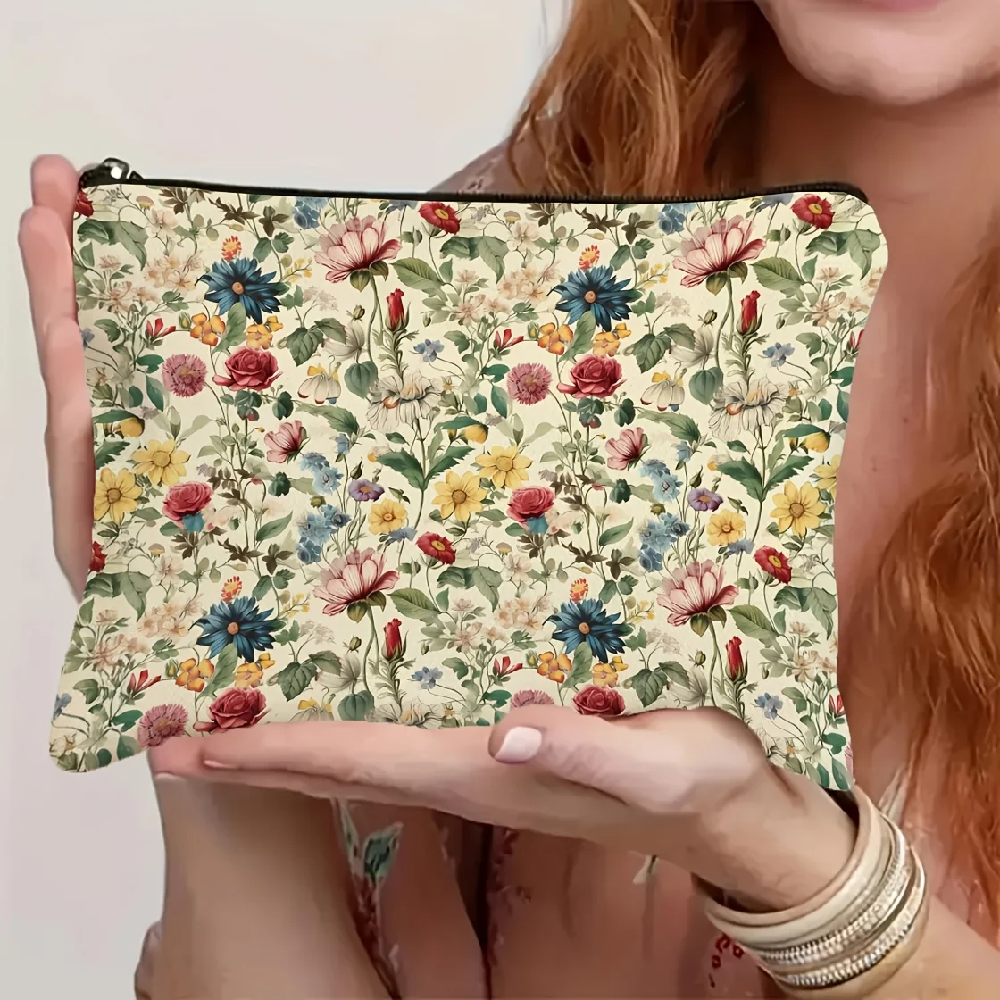 Retro Wildflower Floral Zipper Makeup Bag Retro Oil Painting Botanical Print Cosmetic Pouch Portable Ladies Travel Storage Purse