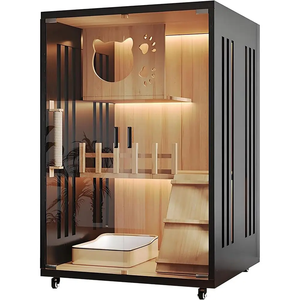 

Modern Cat House & Indoor Villa - Extra Large Wooden Cattery Cage Enclosure with Lockable Wheels & Tempered Glass, Multi-Level C