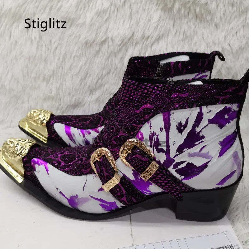 

Purple Snake Prints Chelsea High Heels Ankle Boots for Men Metal Pointed Toe Double Buckle Zip Genuine Leather Party Men Shoes