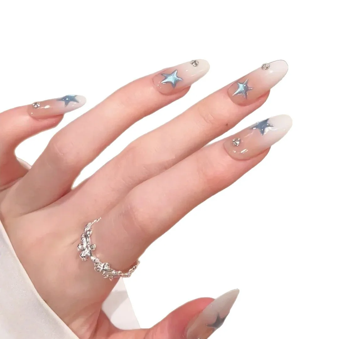 10pcsLight Luxury Handmade Oval Press On Nails White Gradient Blue Star Rhinestone Decor Fake Nails Wearable Nails Art Tips Girl