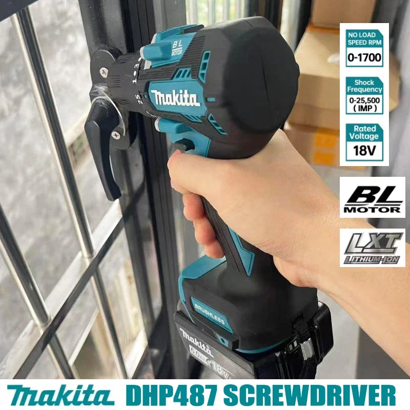 

Аккумуляторная ударная дрель-шуруповерт Makita DHP487 18В 6.0Ач, бесщеточный двигатель, компактный ударный шуруповерт, перезаряжаемый электроинструмент