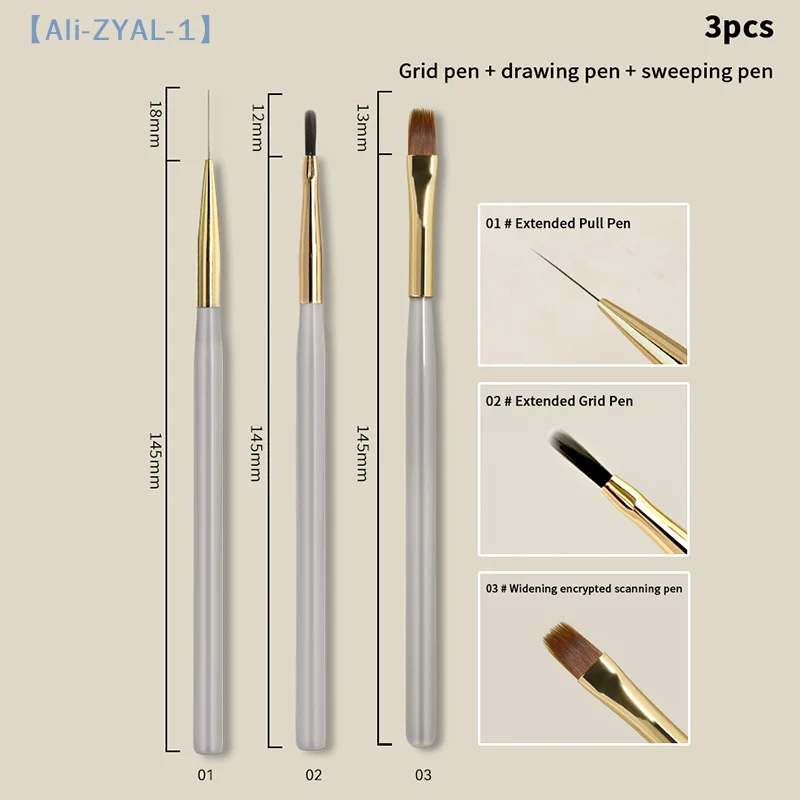 【ZYAL-1】3 pezzi pennello per nail art verricatore disegno per unghie pittura linea pennello strumento per nail art pennelli acrilici strumenti per manicure di design fai da te