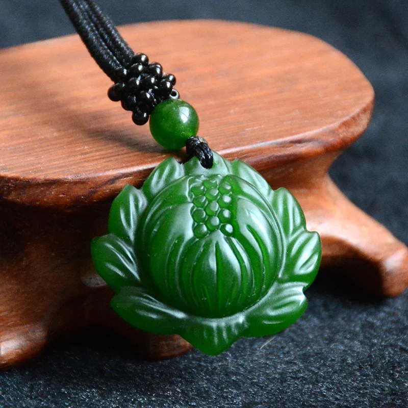 

Chinese Green Jade Lotus Pendant Necklace Charm Jewellery Fashion Accessories Hand-Carved Man Woman Amulet Free rope