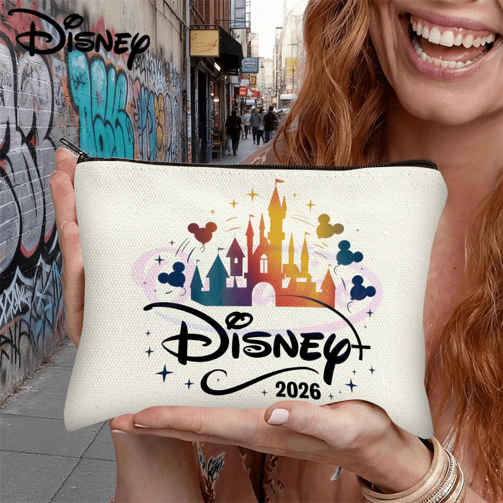 1 unidade de bolsa de cosméticos Disney Castle Rainbow Mickey 2026, bolsa de maquiagem portátil com zíper, ideal para armazenamento diário de cosméticos e viagens.