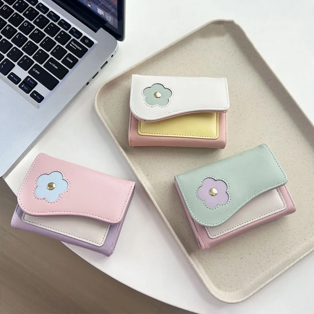 

Simple Flower Short Folding Card Bag Color Contrast Ins Trifold Wallet Cartoon Multi-card Slot Card Holder Women