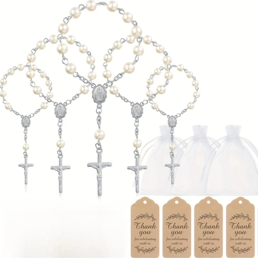 36 piezas/12 juegos de pulseras de rosario con cruz cristiana, conjuntos de regalo con tarjetas y bolsas para bautizo, primera comunión, recuerdos de fiesta