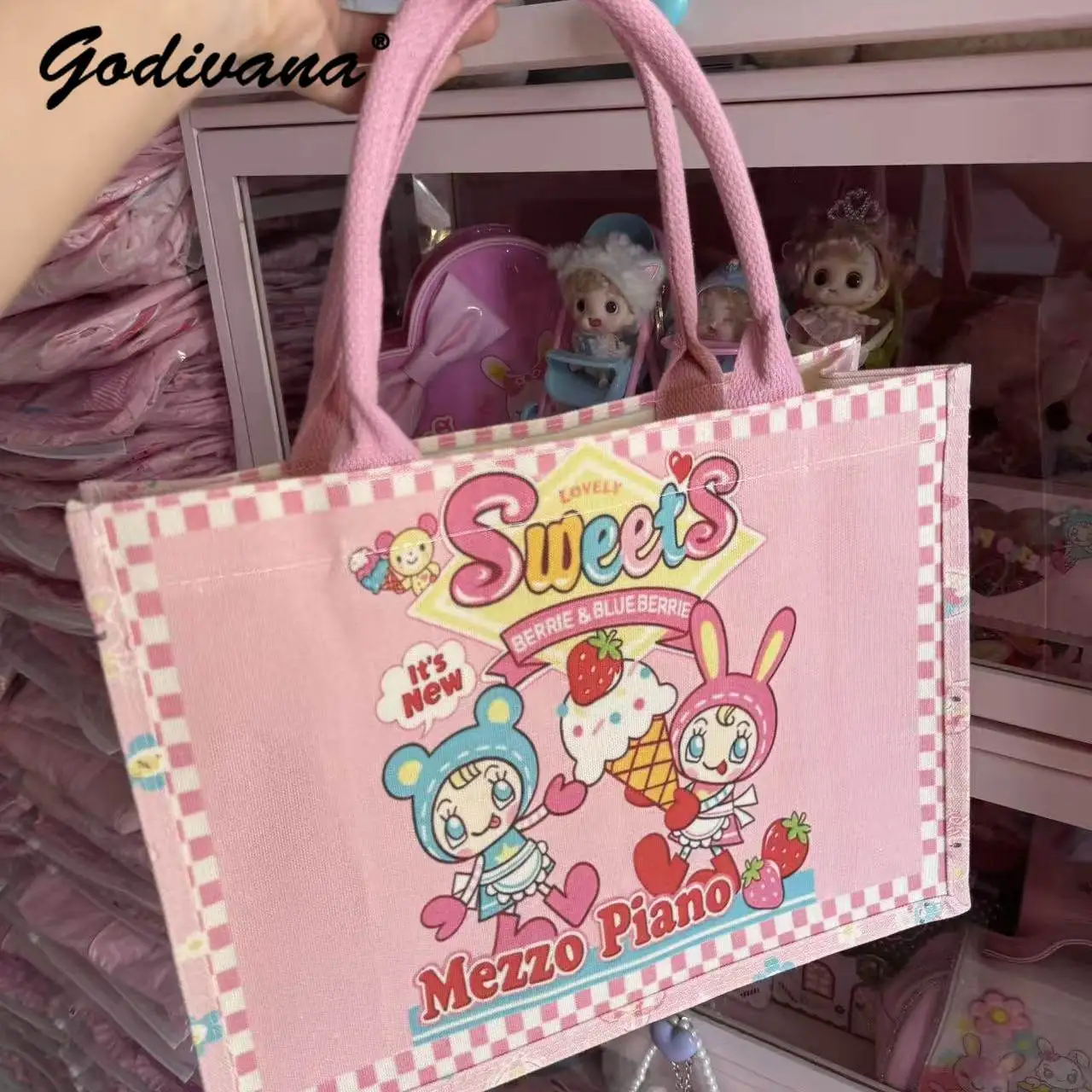 Kawaii Canvas Tote Bag for Girls Cute Printed Pink Handbag Large Capacity Sweet Daughter Girls Shopping Shoulder Bag