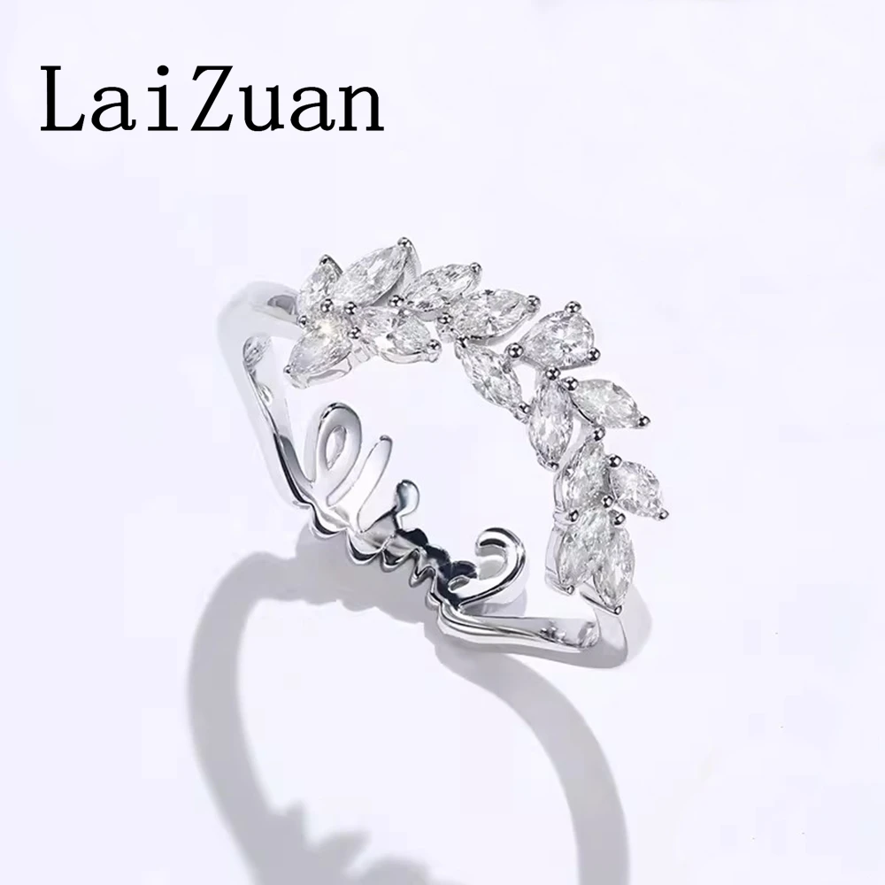 LaiZuan Solid 18K au750 White Gold Curved Natural Diamond Ring Unique Marquise Cut Diamond Bridal Stacking Matching Promise Gift