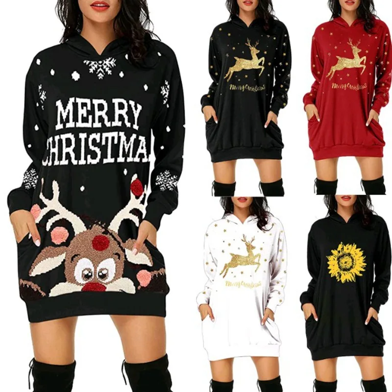 

European American autumn and winter women's casual fashion Christmas print midi long pocket hooded long sleeve sweatshirt women