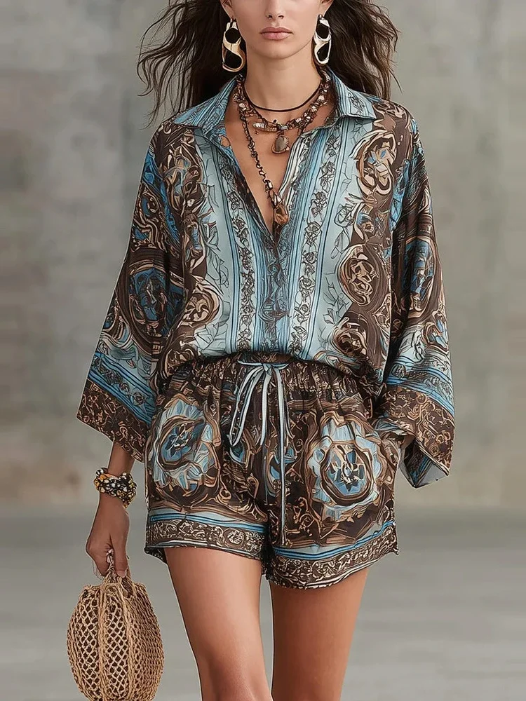 Boho Printed 2 Piece Outfit Shorts Set Women Lapel Collar Long Sleeve Shirt & Drawstring Short Pant Vacation Beach Matching Sets