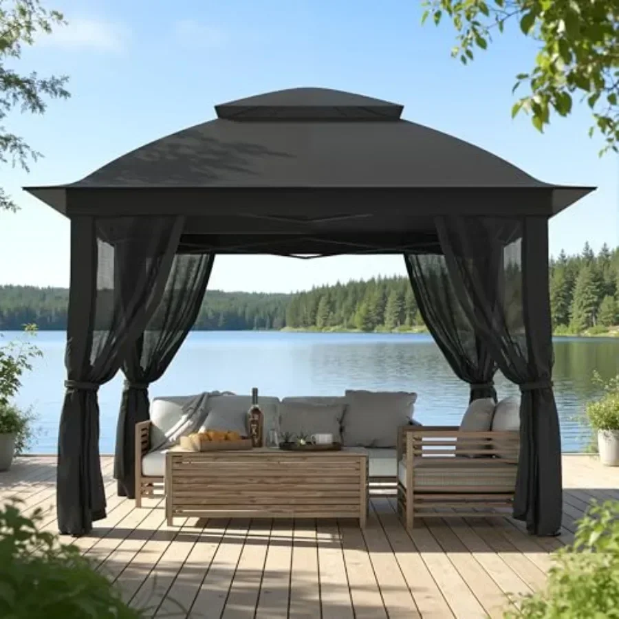 11'X11' Gazebo Pop Up with 4 Sidewalls Mosquito Netting Heavy Duty Patio Gazebo  Tent with Double Air Roofs for Backyards Patio