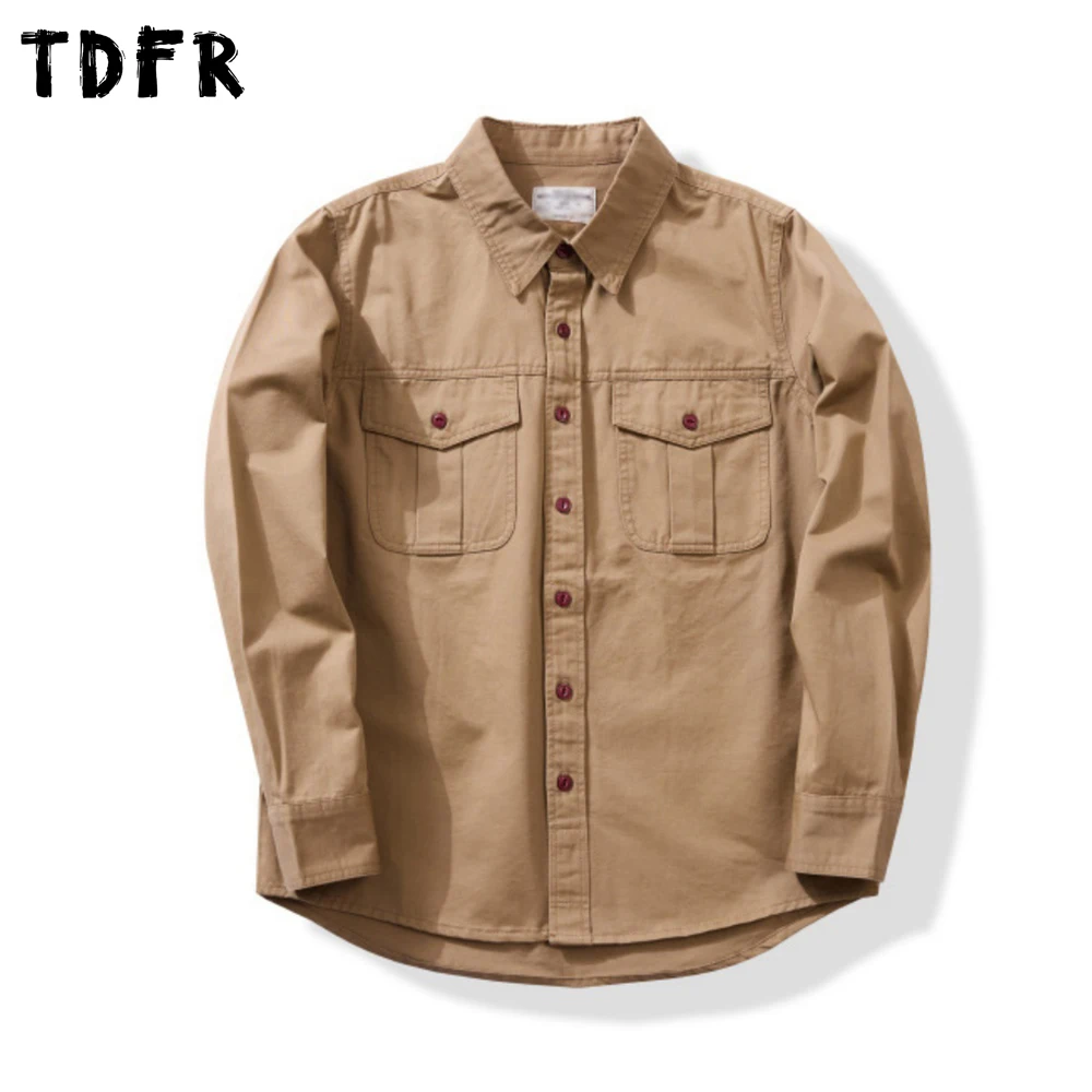 Pocket Cargo Shirts Mens Solid Color Retro Safari Style Autumn Loose Lapel Long Sleeve Single Breasted Shirts Man