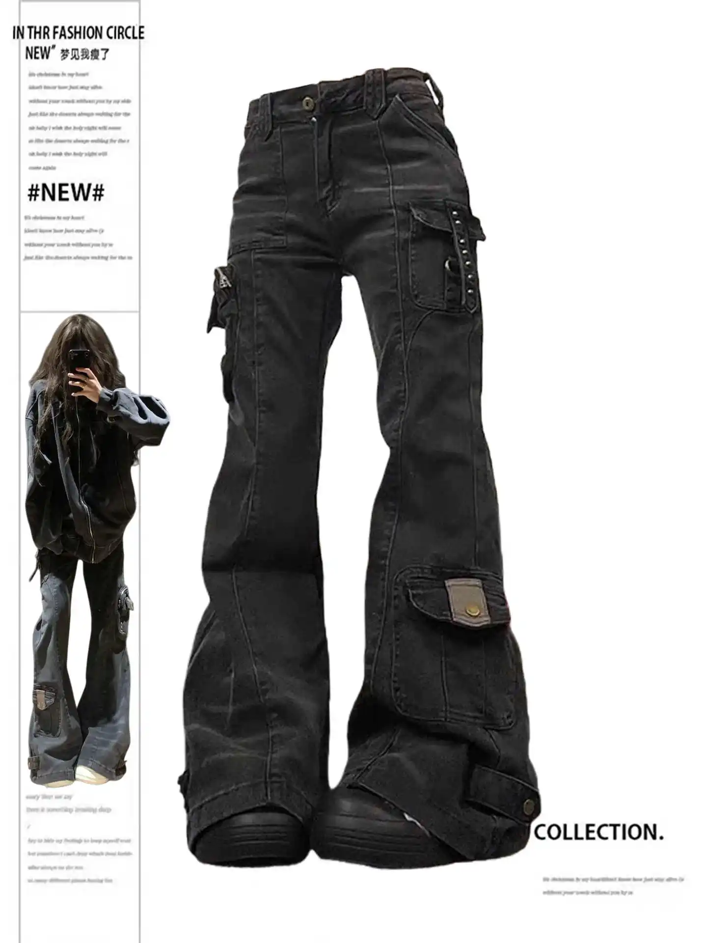 Dames Flare Cargo Jeans Harajuku Japanse laagbouw denim broek Abi Y2k Bell Bottom Amerikaanse Retro High Street Dark Academia