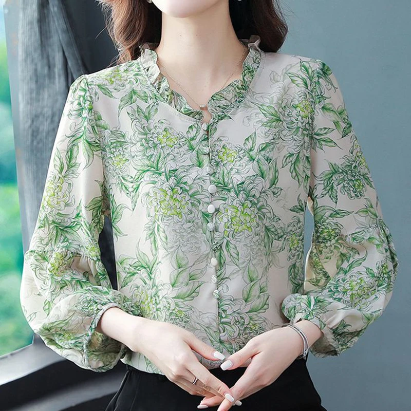 Elegant Female Blouses Floral Print V-neck Thin Puff Three Quarter Sleeve Shirt And Blouses Top Women\'s Clothing Trend 2024 New