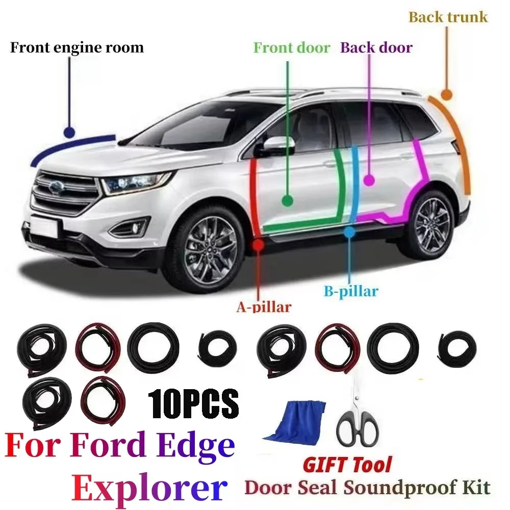 10pcs Door Seal Soundproof Kit For Ford EDGE Explorer Rubber Weather Draft Seal Strip Wind Noise Kit Front Trunk Cover Strip