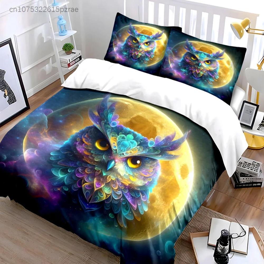 Colorful Owl Moon Art Decor Set Multiple Sizes kid's And adults' Bedroom Exquisite 3PC Bedding set, Gift