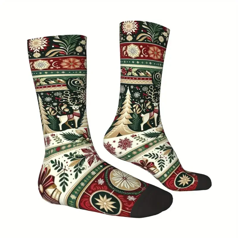 ユニセックス クリスマス ソックス 雪の結晶、ツリー、オーナメントが描かれたお祝いのホリデーデザイン、通気性があり、アウトドアスポーツに最適 クリスマス ソックス