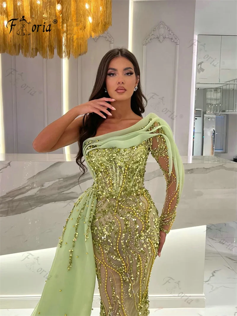 Dubai-vestido de noche Formal verde de un hombro, vestido de fiesta de boda de sirena con cuentas de perlas, cola lateral, vestidos de graduación de talla grande, elegante