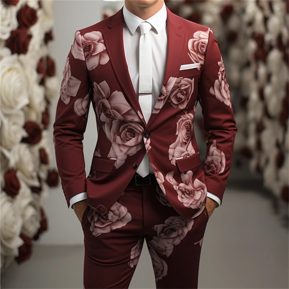 

High Street Floral Printed Suit Set For Men, Wedding Party, Stage Performance, Party, Prom Formal Tuxedo 2 Pieces Set