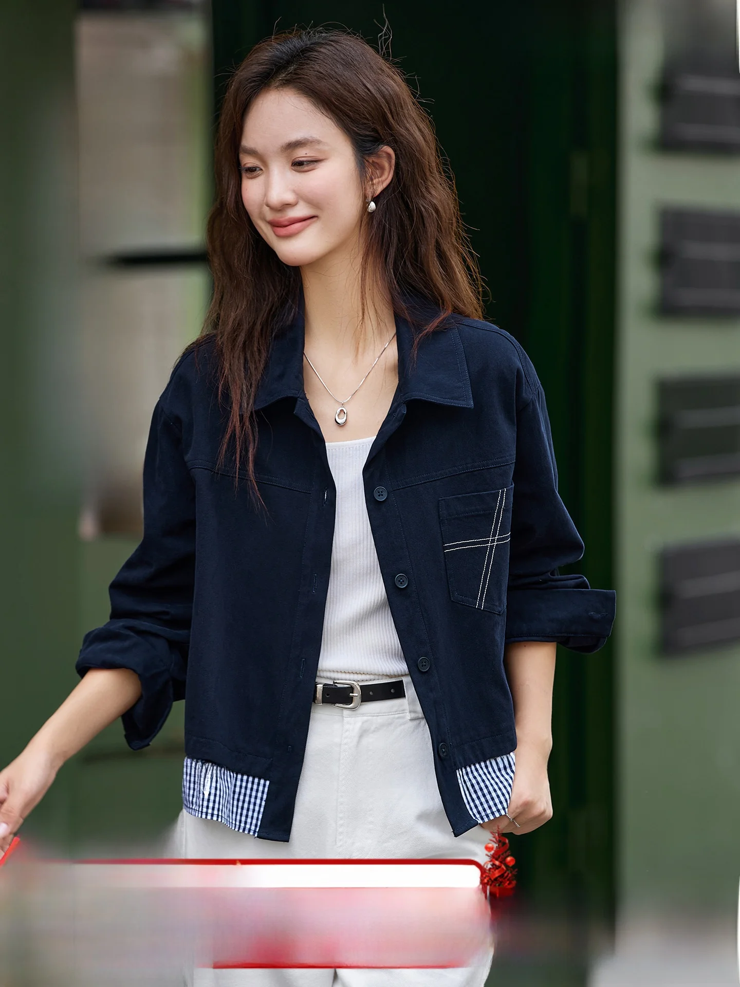 

Blue Plaid ort irt Jaet Women's Spring Autumn Faionable Patchwork Casual Sle Long Sve Button up Cotton Outerwear