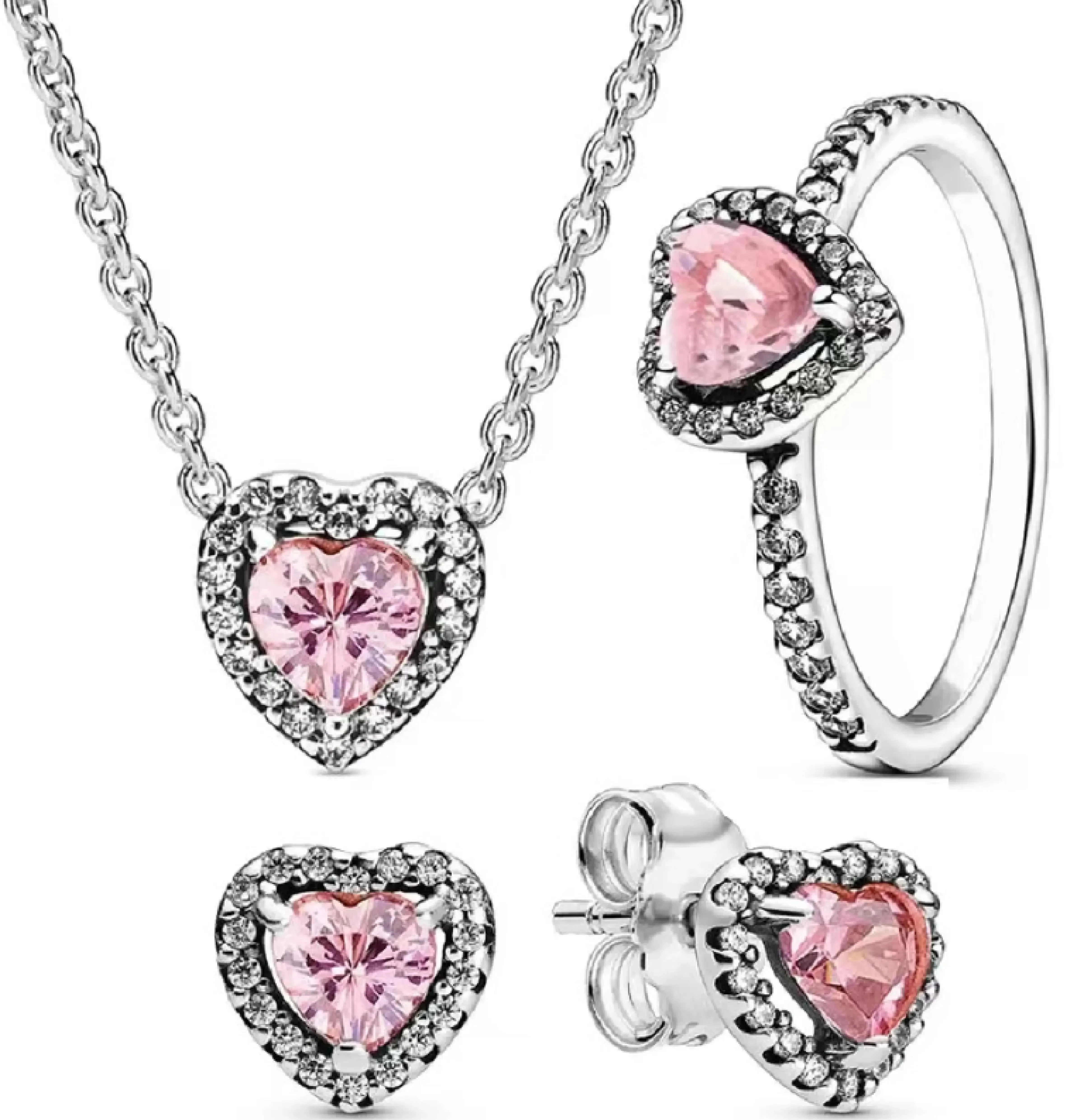 

925 sterling silver women's jewelry classic set, sparkling luxury pink heart-shaped earrings, rings, necklaces, holiday gifts