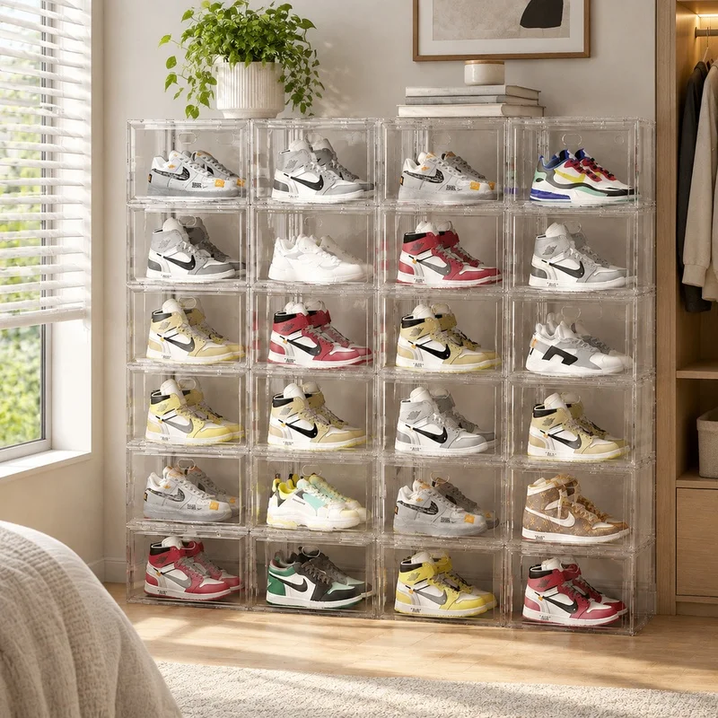 Clear Modular Shoe Organizer Box with Magnetic Cover, Sturdy Thick Plastic Stackable Sneaker Storage for Multiple Layers