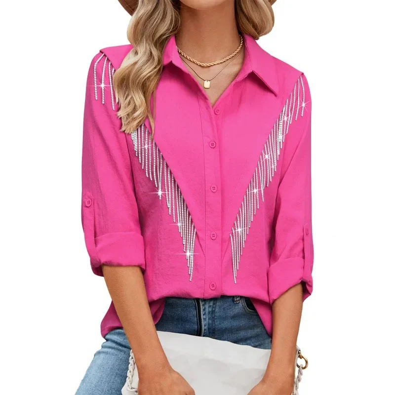 Women\'s Fashion Shiny Rhinestone Fringe Single Breasted Long Sleeve Casual Lapel Shirt Western Cowboy Country Concert Outfit