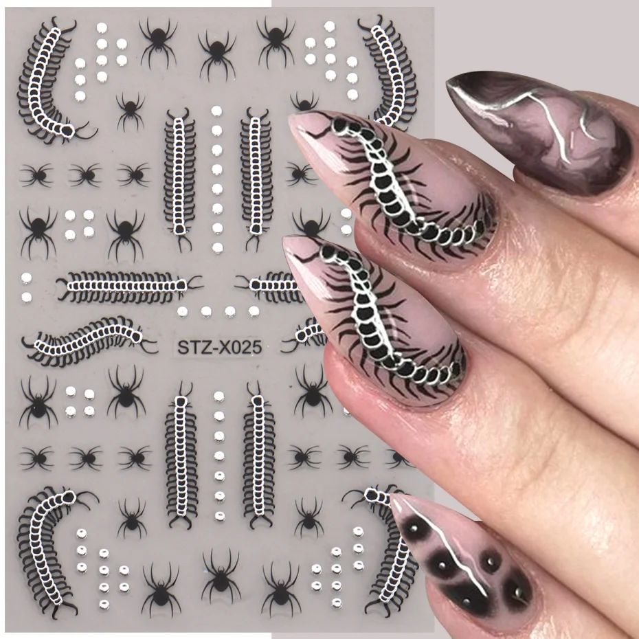 2pcs 3D Centipede Spider Halloween Nail Stickers Y2K Metallic Chrome Designs Self-Adhesive Sliders Decals Nail Art Decorations