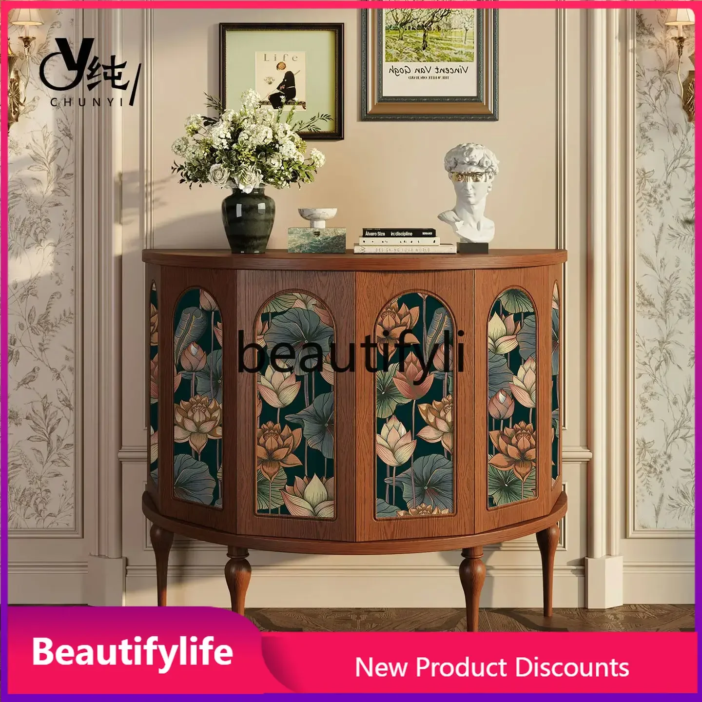 

cqy French Style Solid Wood Entryway Six-Sided Cabinet Vintage Foyer Half-Round Cabinet Living Room Entryway Decorative Cabinet