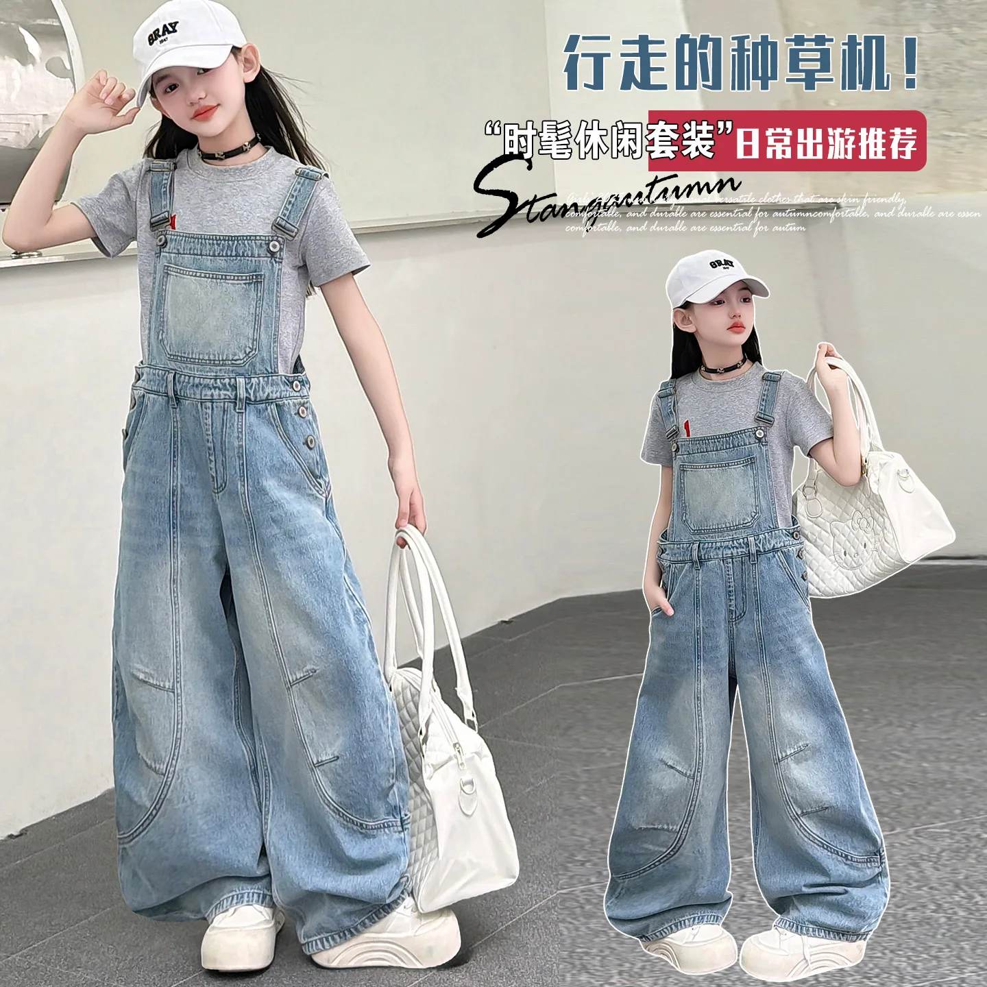 Girls Clothes Sets Size 6-14Y Spring Girls Fashion Short Slevess Tee+Blue Denim Jumpsuit Clothes 2 Pc Child Casual Daily Outfit