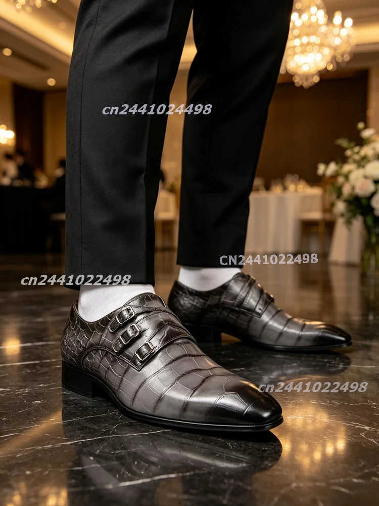 Men's Three Monk Straps Loafers Pointed Toe Crocodile Print Faux Leather Burnished Toe Buckle Slip On Handmade Dress Shoes