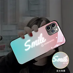 Tempered Glass Flash LED Case For iPhone 11 12 13 14 15 16 17 Pro Max 14 15 Plus X Xr Case Luminous 12 13 Mini 17 Air Cover